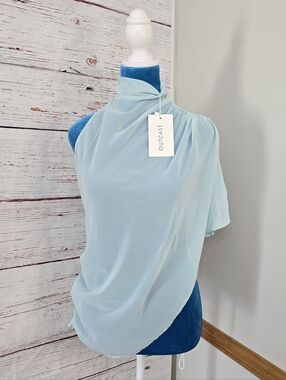 NWT Outcast One Shoulder Blue Sheer Asymmetrical Top Size S